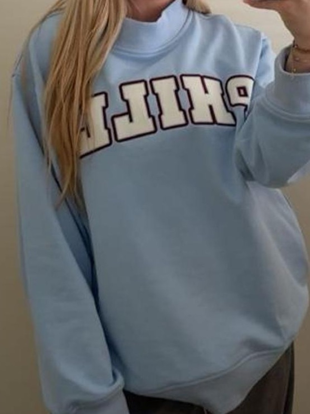 Sky Blue Pullover Sweatshirt with Contrast Embroidered Lettering